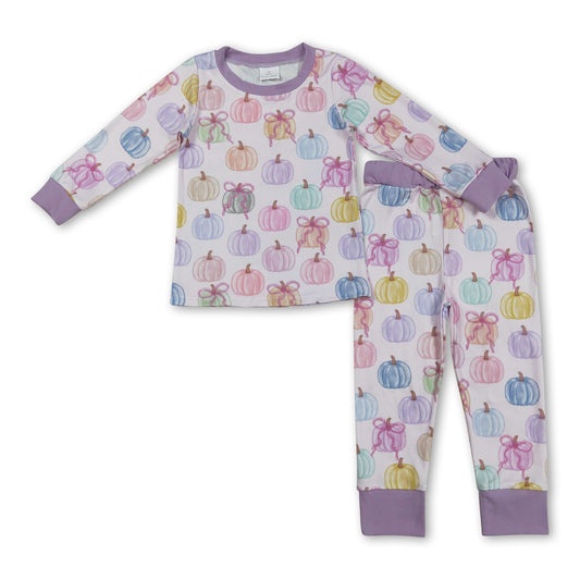 Long sleeves colorful pumpkin bow kids girls fall pajamas