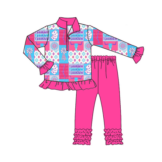 Bull skull ruffle pullover hot pink leggings girls clothes