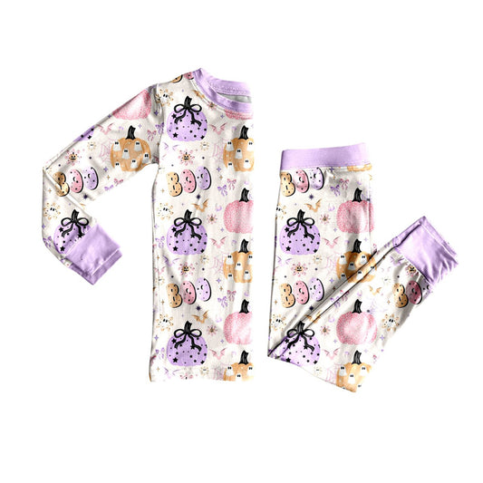 Lavender pumpkin bat bow boo girls Halloween pajamas