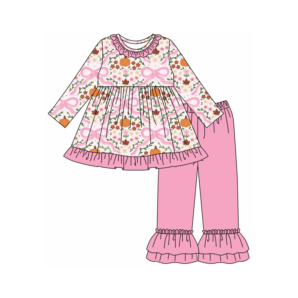 Long sleeves pink bow floral pumpkin girls fall outfits