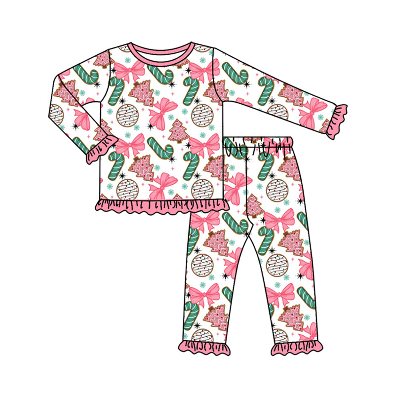 Pink bow Christmas tree ruffle top pants girls pajamas