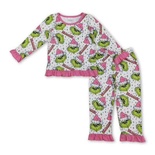Pink Christmas hat green face kids girls pajamas