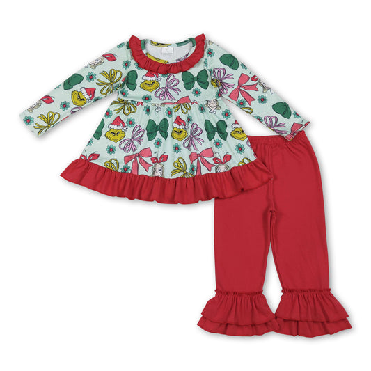 Green face bow tunic ruffle pants girls Christmas outfits