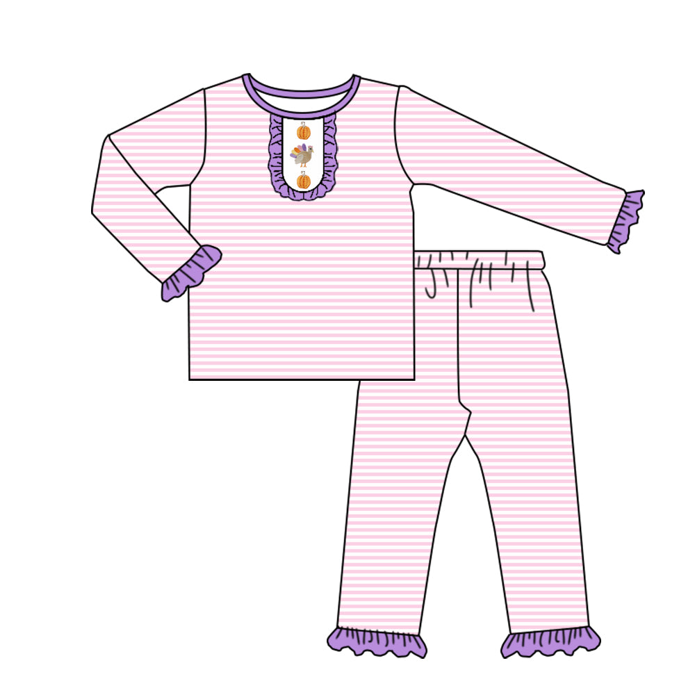 Stripe pumpkin turkey kids girls Thanksgiving pajamas