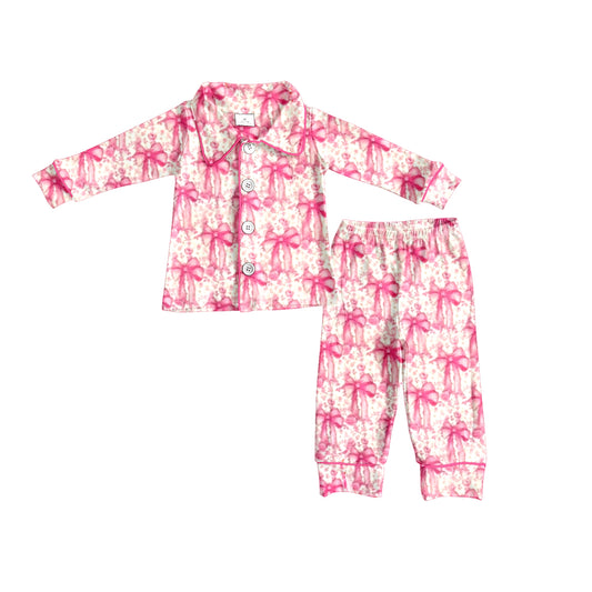 Long sleeves Pink bow kids girls button down pajamas