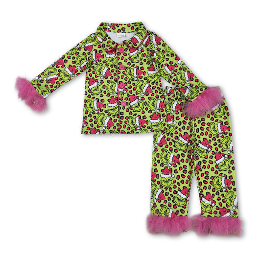 Leopard green face fur girls Christmas button down pajamas
