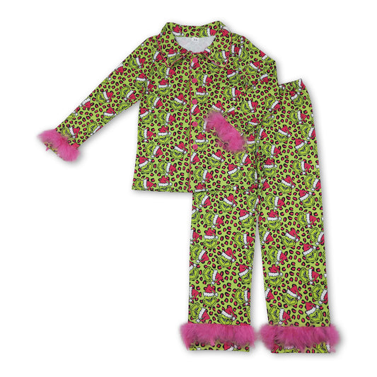 Leopard green face fur adult women Christmas button down pajamas