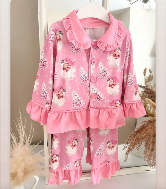 Pink santa Christmas tree girls button down pajamas