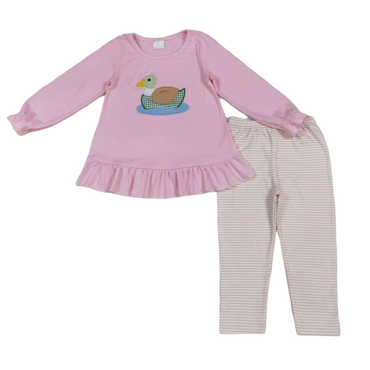 Pink long sleeves duck ruffle top stripe leggings girls clothes