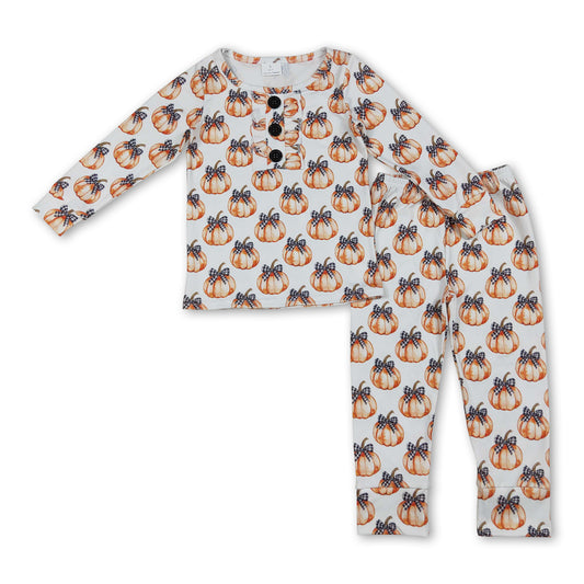 Long sleeves plaid bow pumpkin kids girls fall pajamas