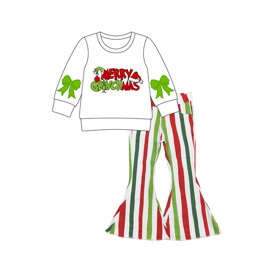 Merry Christmas green face bow white top jeans girls clothing