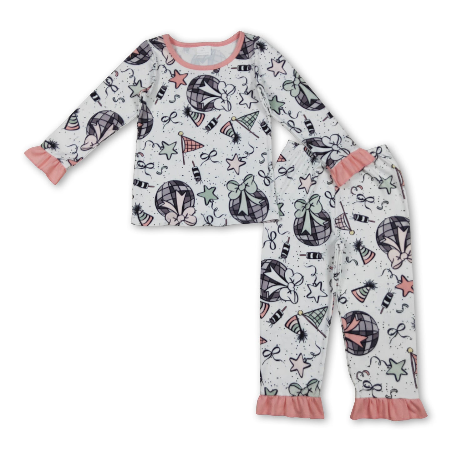 Long sleeves ruffle bow girls Happy New Year pajamas