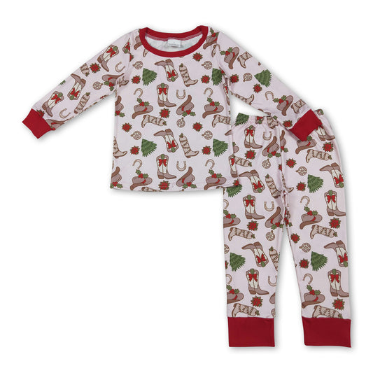 Long sleeves Christmas tree bow boots girls pajamas