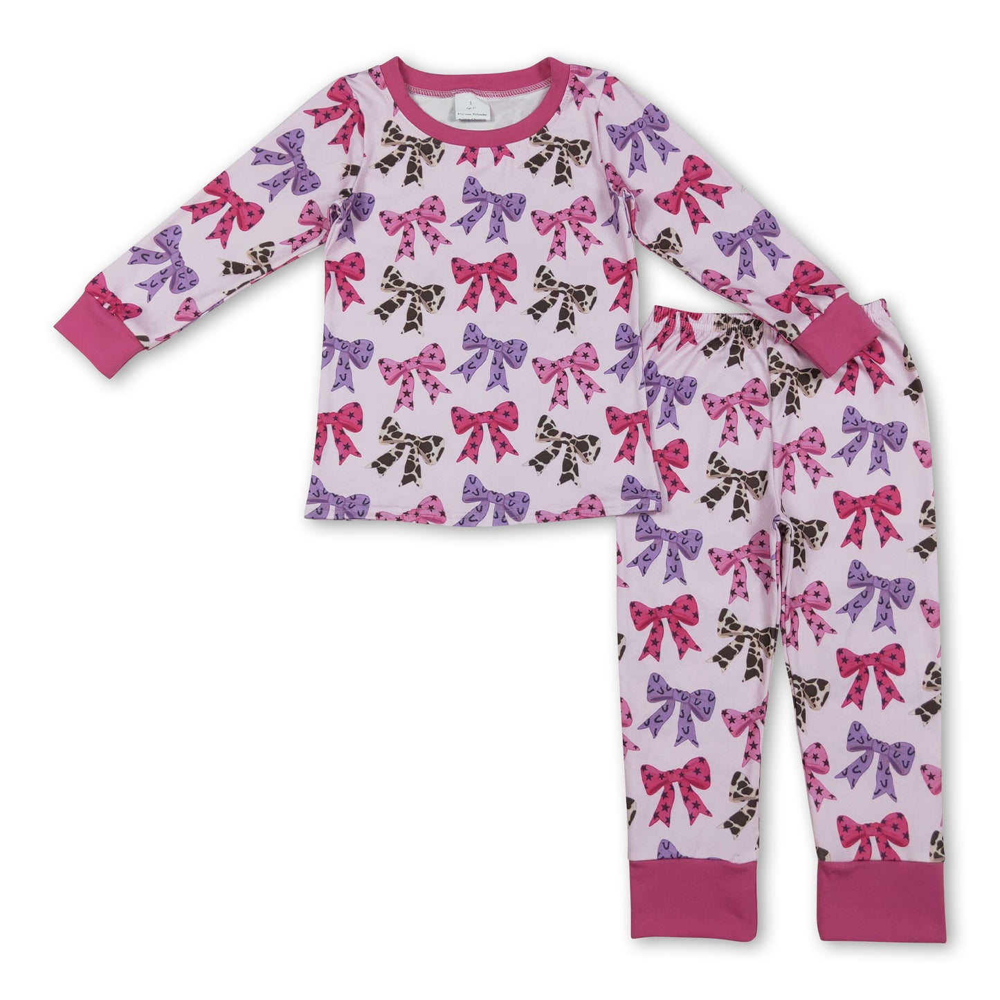 Pink long sleeves cow stars bows kids girls pajamas