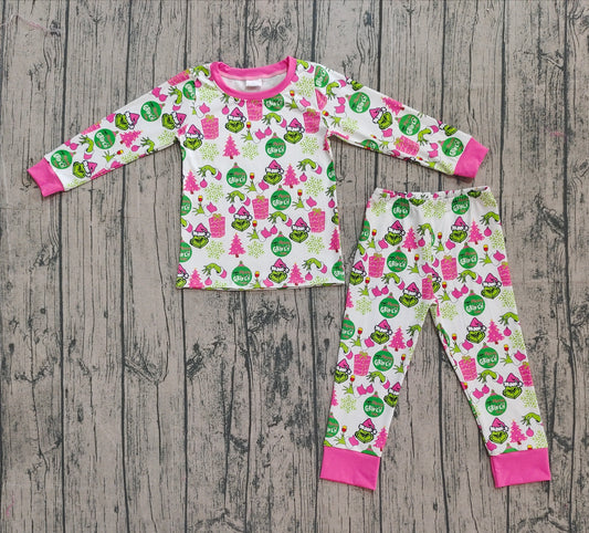 Long sleeves gift green face kids girls Christmas pajamas