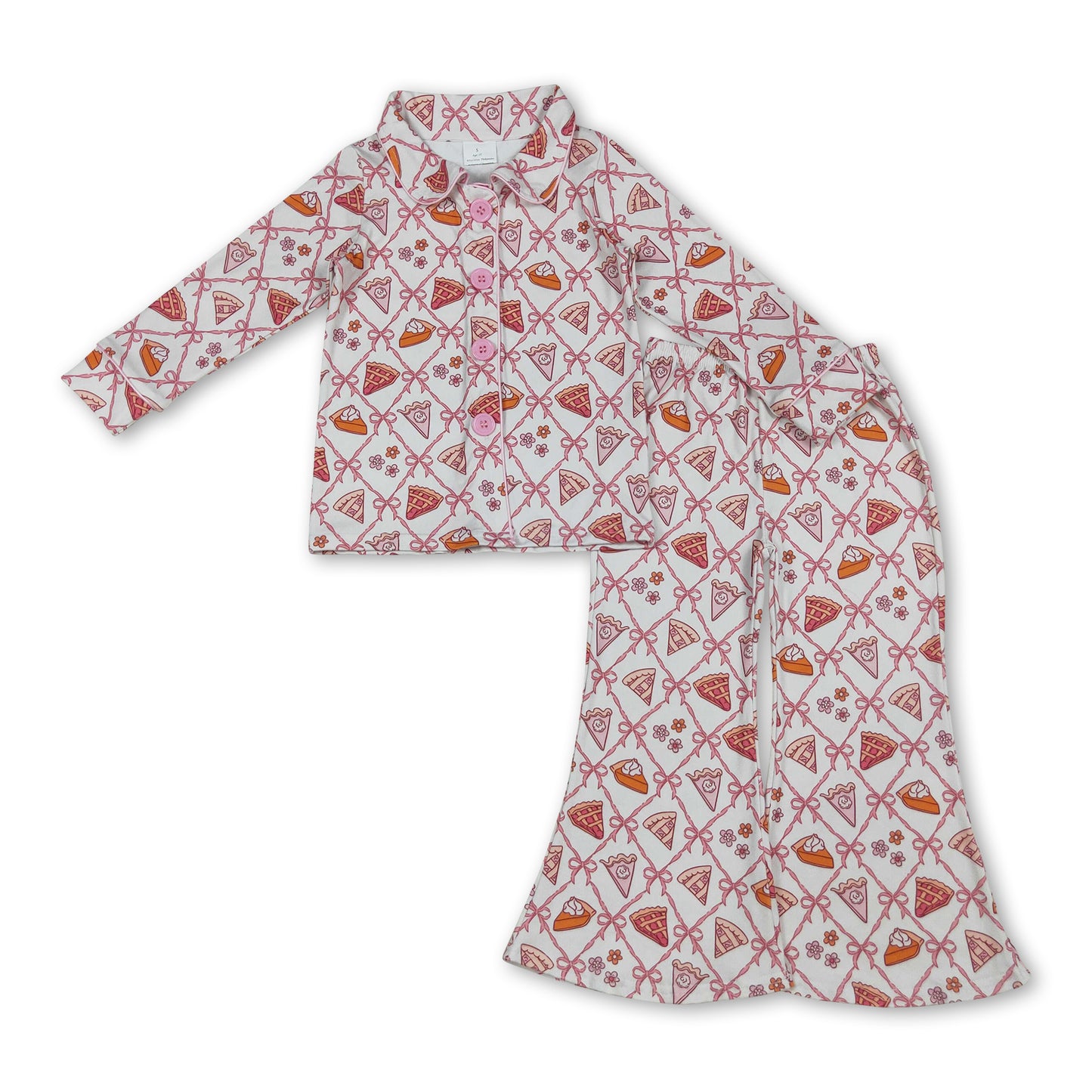 Pumpkin pie bow floral girls Thanksgiving button down pajamas