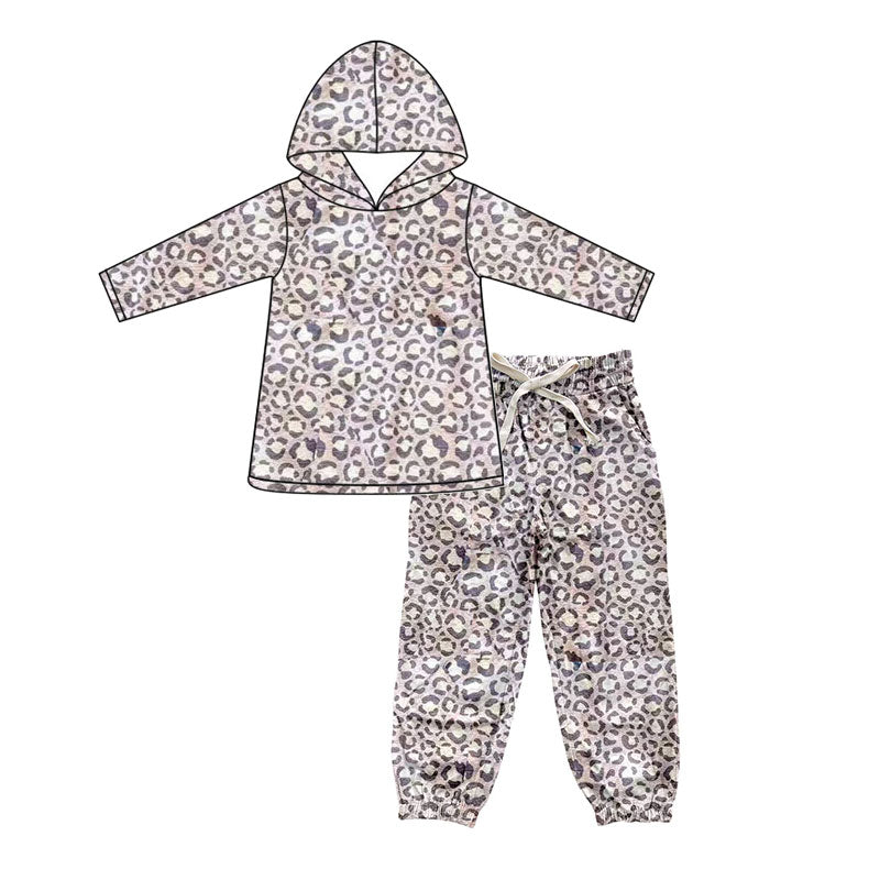 Long sleeves leopard hoodie pants kids girls clothing set