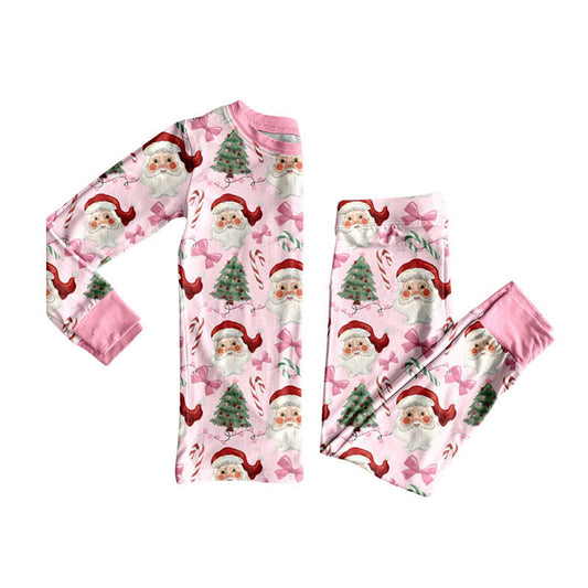 Pink bow candy cane santa kids girls Christmas pajamas