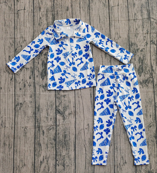 Blue bow football zipper jacket leggings girls team yoga set