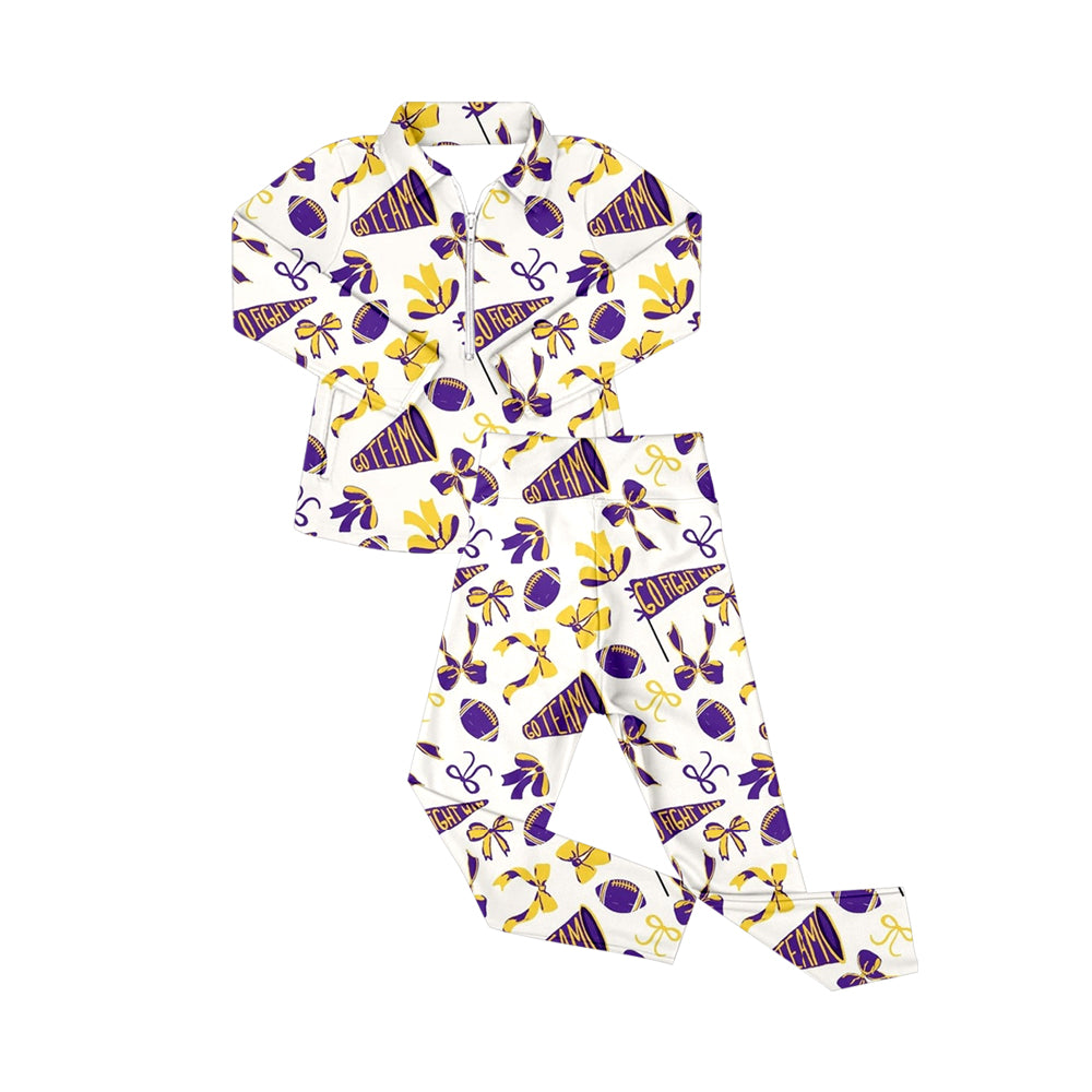 Purple bow football zipper jacket leggings girls team yoga set