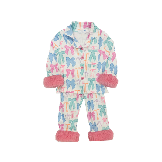 Colorful bow fur long sleeves girls button down pajamas