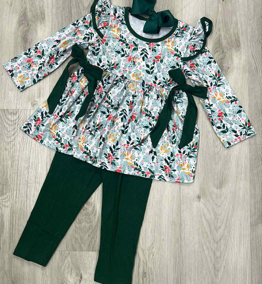 Long sleeves floral tunic dark green leggings girls clothing