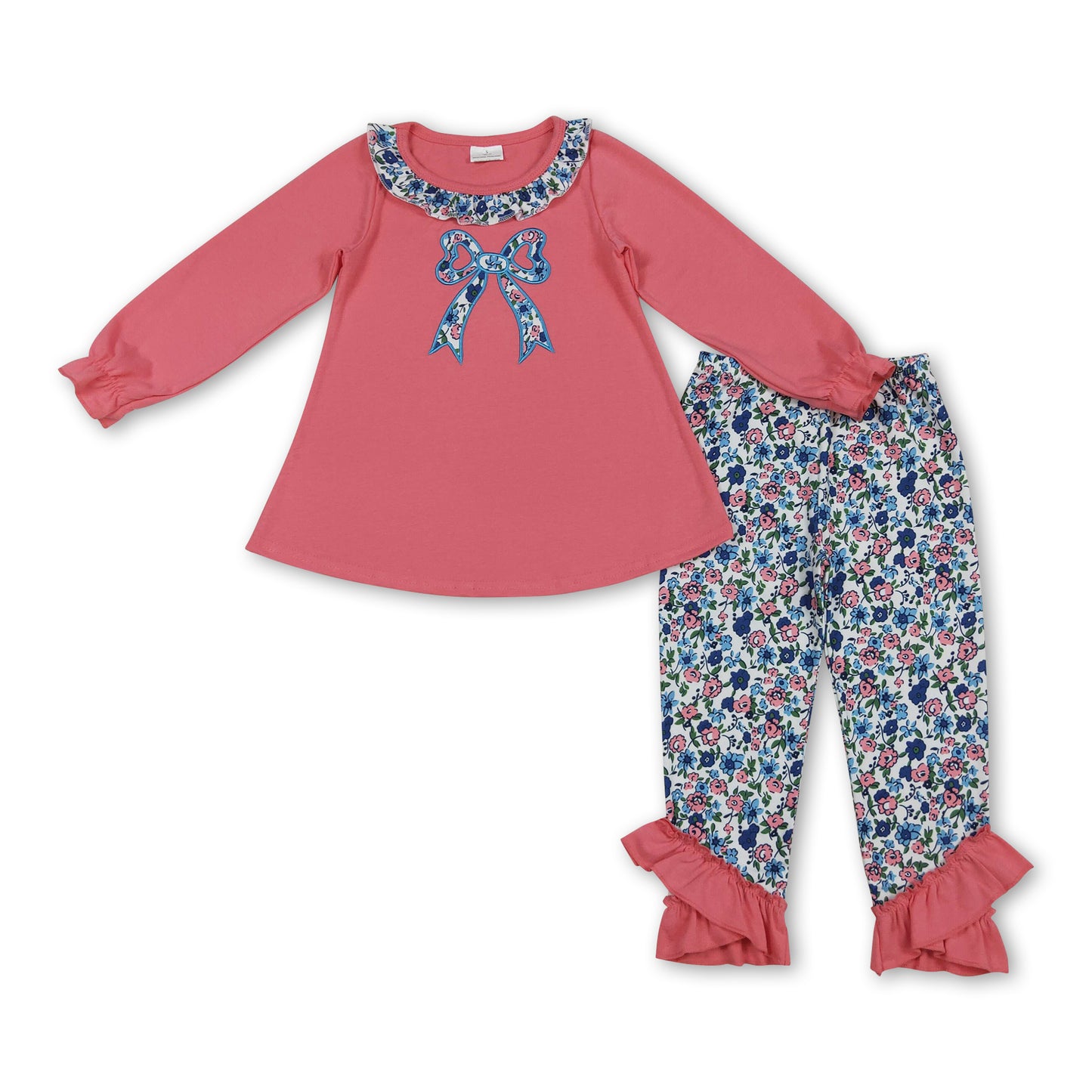 Long sleeves pink floral bow embroidery kids girls clothing
