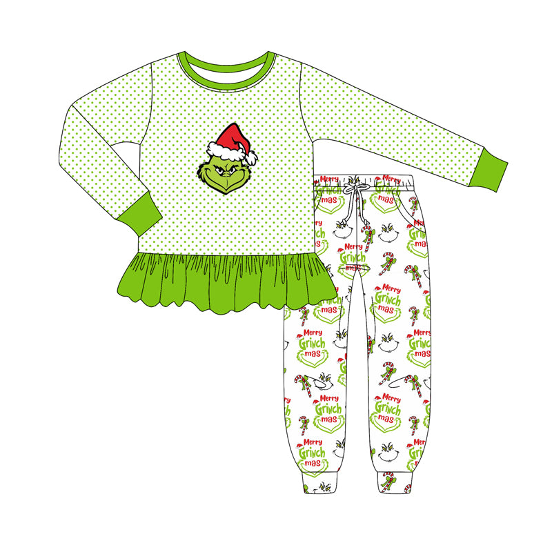 Green face top candy cane bow pants girls Christmas outfits