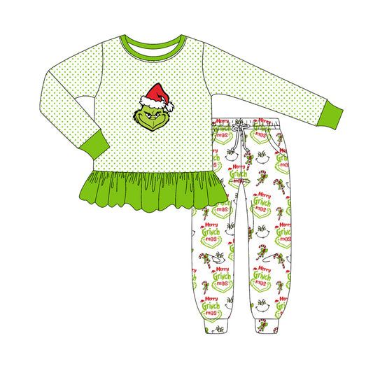 Green face top candy cane bow pants girls Christmas outfits