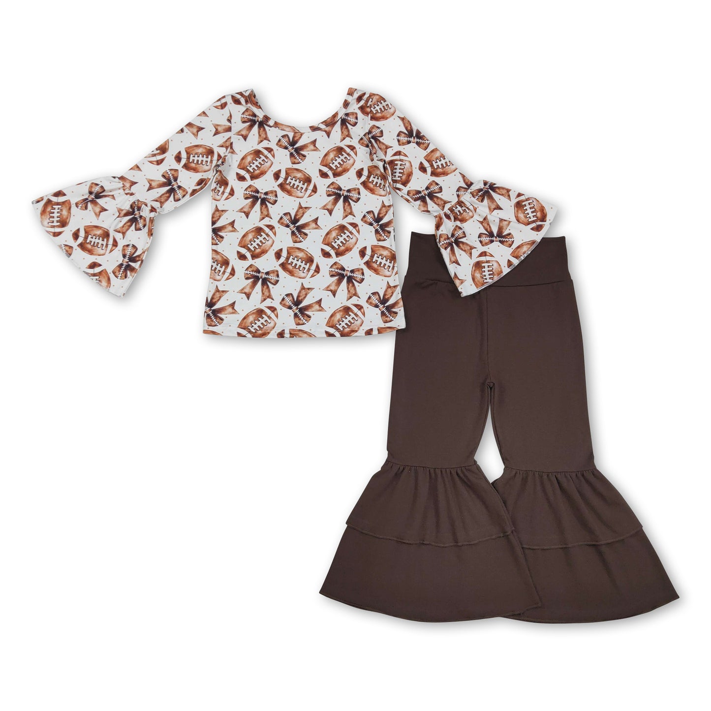Football bows top brown bell bottom pants girls clothing