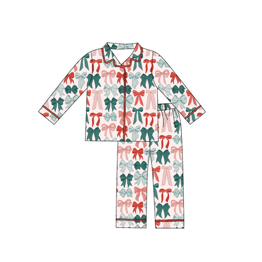 Long sleeves red green bow girls Christmas button down pjs