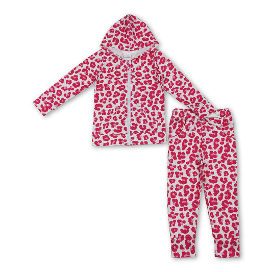 Pink leopard pocket zipper hooded jacket pants girls clothing