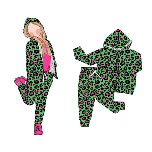 Green leopard pocket zipper hooded jacket pants girls clothing