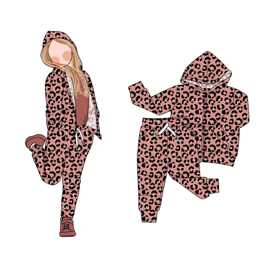 Leopard pocket zipper hooded jacket pants girls clothes