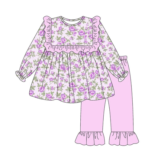 Long sleeves floral ruffle tunic pants kids girls clothing set