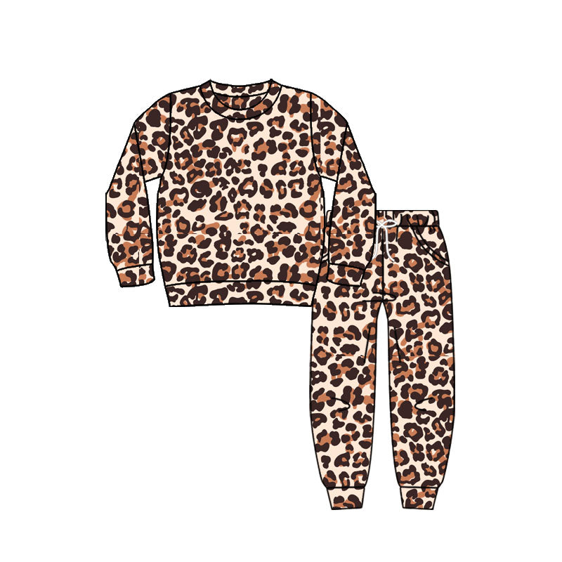 Long sleeves leopard top pants kids girls pajamas