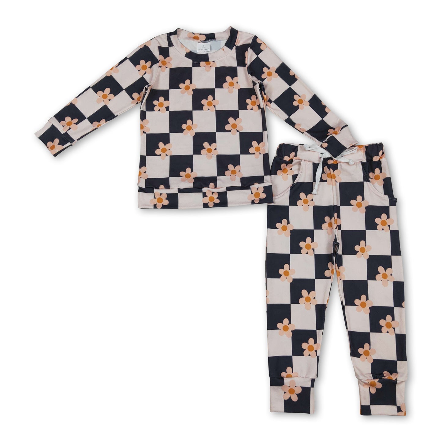 Long sleeves black plaid floral top pants girls pajamas