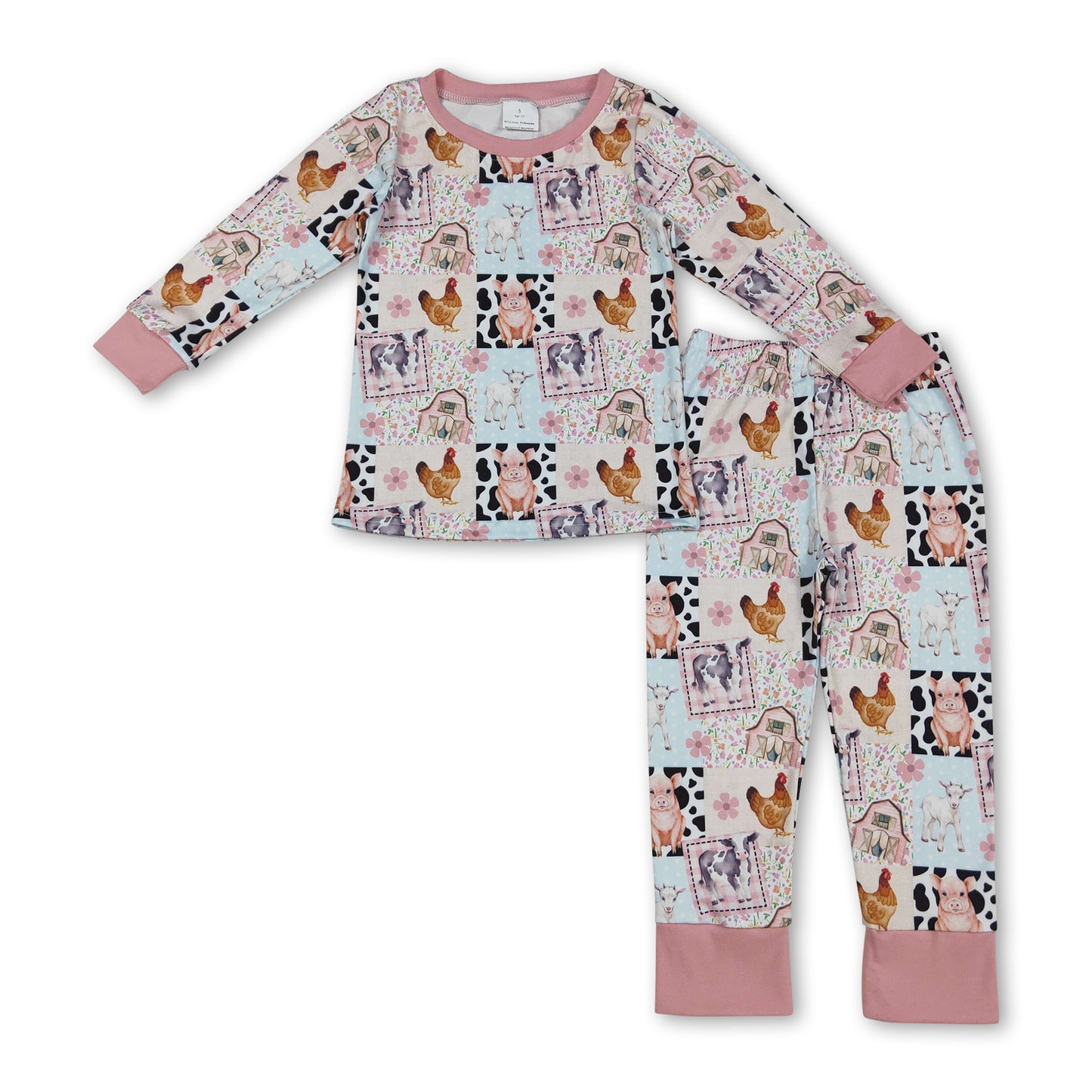 Long sleeves pig cow chicken floral girls farm pajamas