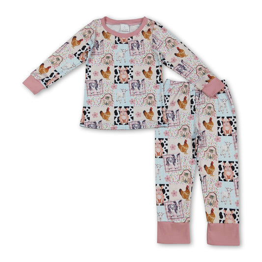 Long sleeves pig cow chicken floral girls farm pajamas