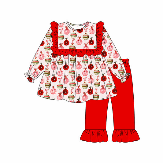Red bow ornaments tunic pants girls Christmas set