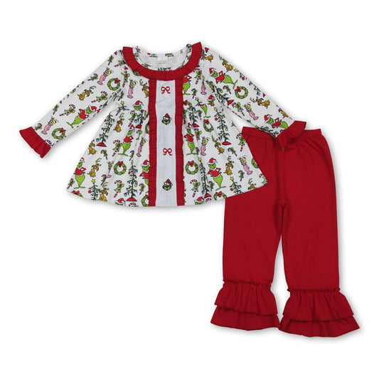 Red bow green face tunic pants girls Christmas clothes