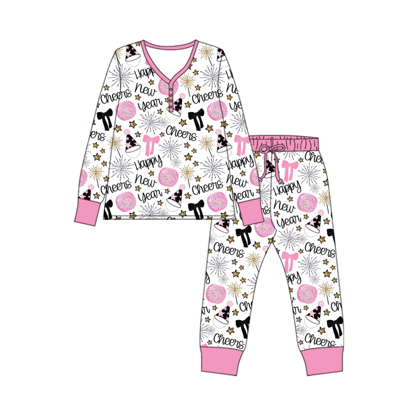 Pink bow Happy New Year adult women pajamas