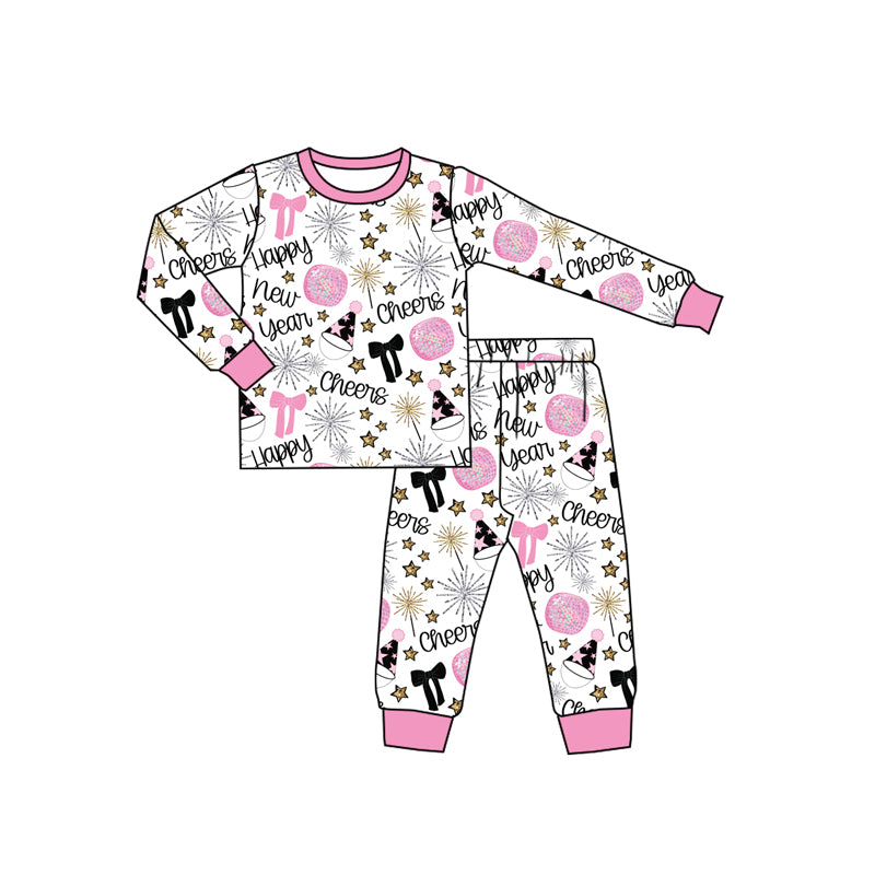 Pink bow Happy New Year top pants kids girls pajamas