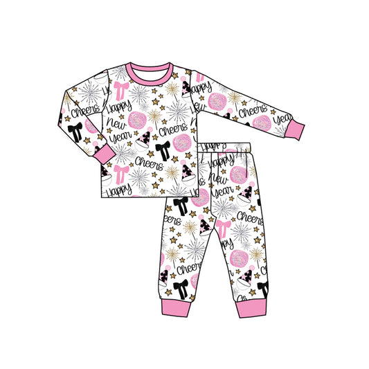 Pink bow Happy New Year top pants kids girls pajamas