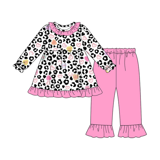 Leopard heart ruffle tunic pants girls Valentine's day set