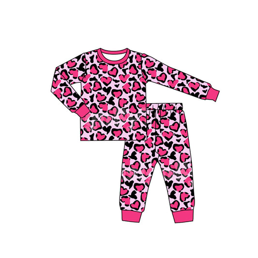 Hot pink heart long sleeves kids girls valentine's pajamas