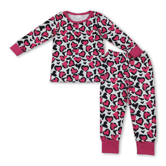 Hot pink heart long sleeves kids girls valentine's pajamas