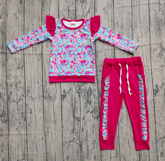 Watercolor flamingo top ruffle pants girls clothing set