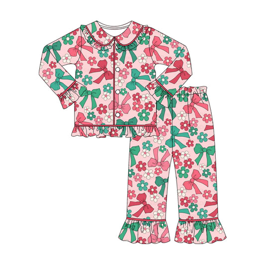 Red green bow floral girls Christmas button down pajamas