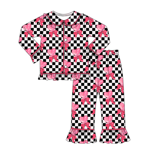 Heart bow plaid girls Valentine's button down pajamas
